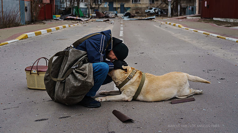 Ουκρανία: Άνδρας παρηγορεί σκύλο που παρέλυσε από τον φόβο λόγω των βομβαρδισμών